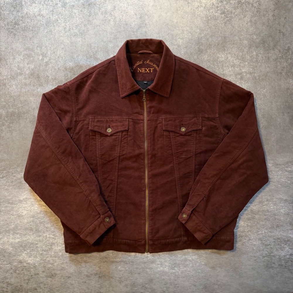 NEXT Essential Jeanswear Mens XL Burgundy Faux Suede Full Zip Trucker Jacket